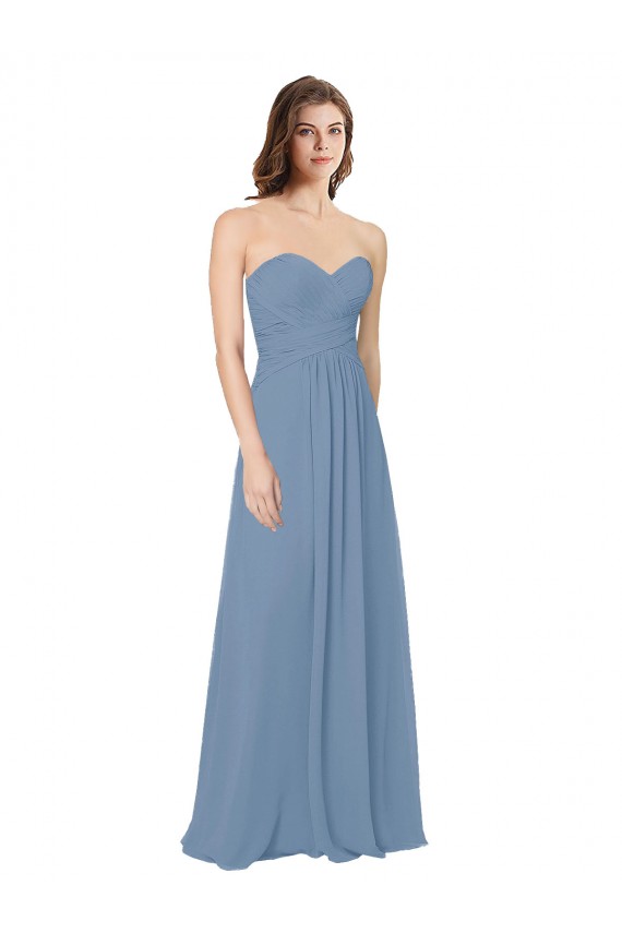 Comprimento Chão Azul Empoeirado Sem Mangas Linha A Lombar Amor Longo Vestidos de Madrinha Por Atacado