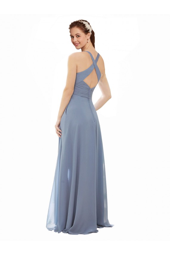 Comprimento Chão Azul Empoeirado Sem Mangas Linha A Chiffon Vestidos de Madrinha Por Atacado