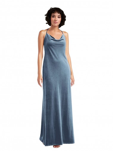 Comprimento Chão Azul Empoeirado Sem Mangas Bainha Costas em V Decote Capuz Vestidos de Madrinha / Vestidos de Festa Por Atacado