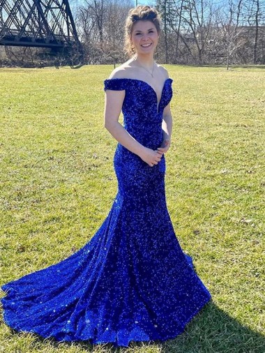 Comboio Varredela Azul Real Sem Mangas Bainha Fora do Ombro Vestidos de Festa Por Atacado