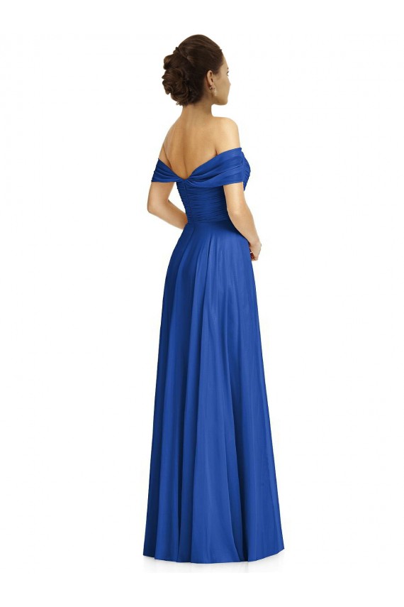 Comprimento Chão Azul Real Mangas Curtas Linha A Vestidos de Madrinha Por Atacado