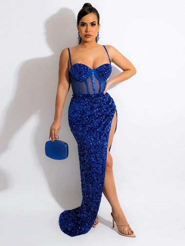 Comboio Varredela Azul Real Sem Mangas Bainha Vestido de Festa / Vestido de Noiva Por Atacado