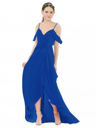Alto Baixo Azul Real Ombro Frio Linha A Alto Baixo, Vestidos de Madrinha Por Atacado