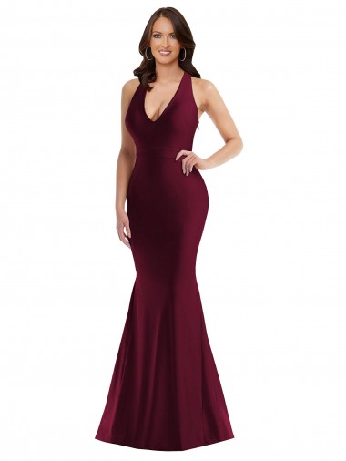 Comprimento Chão Borgonha Sem Mangas Sereia Abrir de volta Vestidos de Madrinha / Vestidos de Noite / Vestidos de Festa Por Atacado