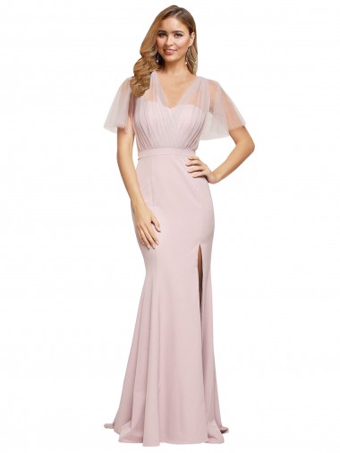 Comprimento Chão Malva Mangas Curtas Bainha Costas em V Vestidos de Madrinha / Vestidos de Noite / Vestidos de Festa Por Atacado
