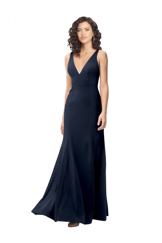 Comprimento Chão Marinha Negra Sem Mangas Linha A Costas em V Longo Vestidos de Madrinha / Vestidos de Noite / Vestidos de Festa Por Atacado
