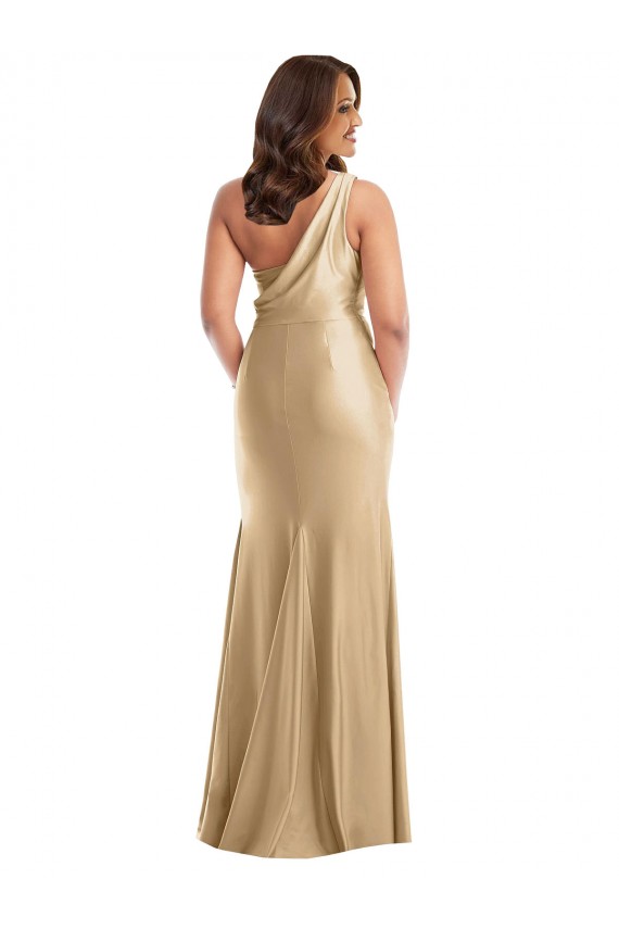Comprimento Chão Ouro Suave Sem Mangas Sereia Vestidos de Madrinha / Vestidos de Noite / Vestidos de Festa Por Atacado