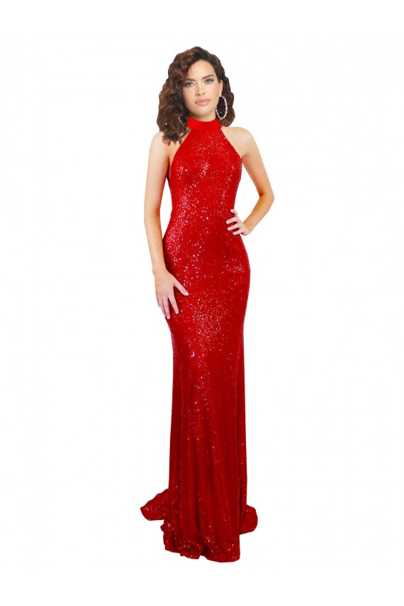Comprimento Chão Vermelho Sem Mangas Sereia Abrir de volta Cabeçada Vestidos de Madrinha / Vestidos de Noite / Vestidos de Festa Por Atacado